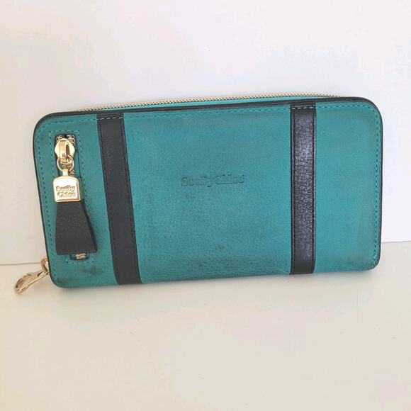 See By Chloe Suede Leather Long Wallet Teal Blue Zip Around Designer Clutch - Picture 1 of 9